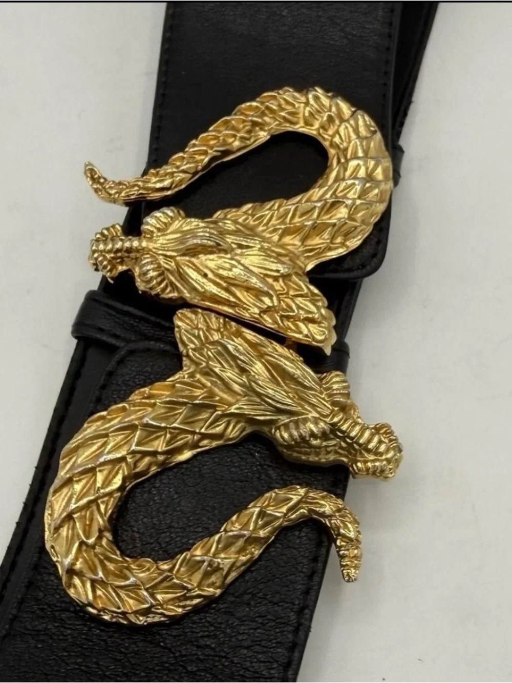 Vintage Raina Leather Belt Black Gold Dragon Buckle Made In USA Clip Clasp